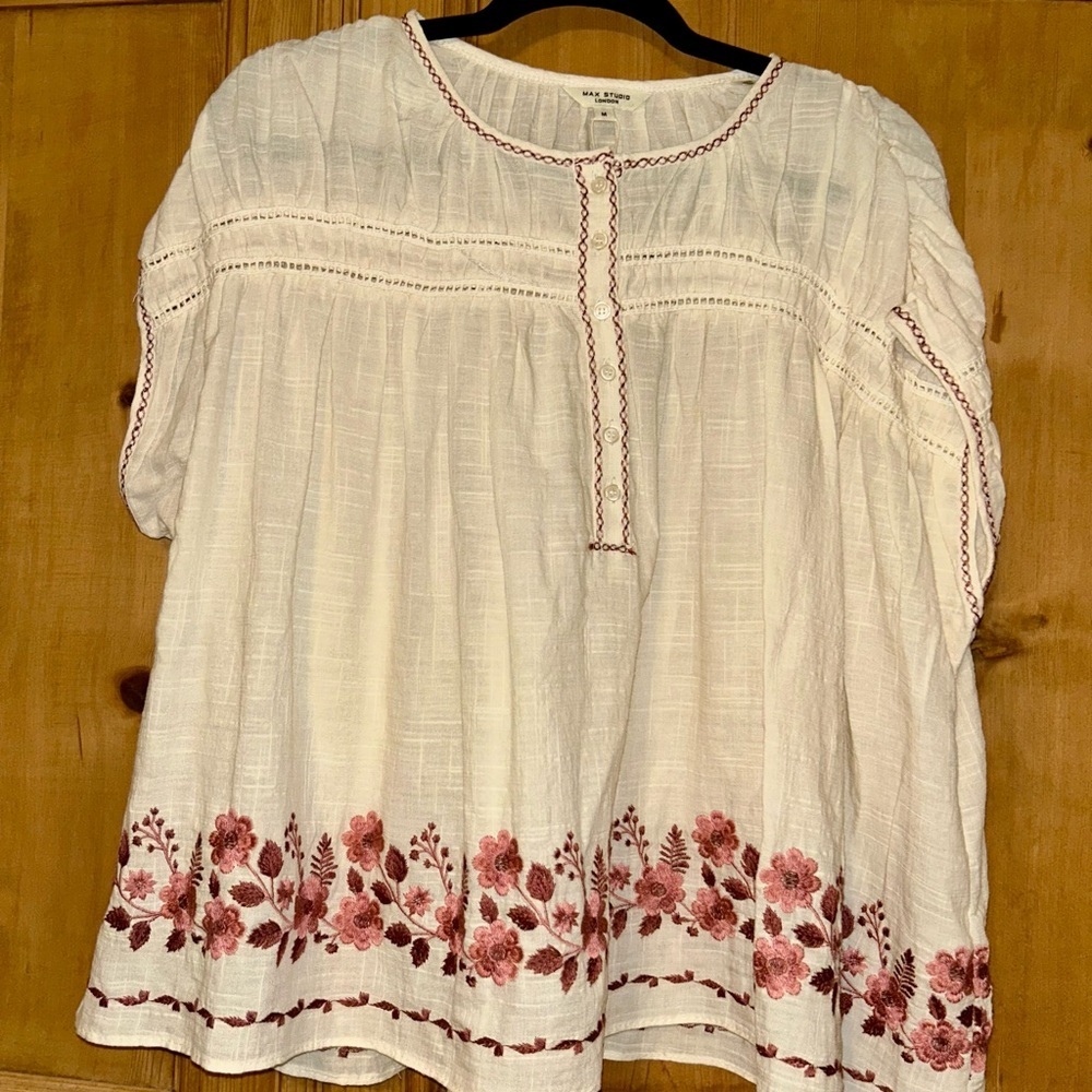 Max Studio Cream and Pink Embroidered Floral Blouse